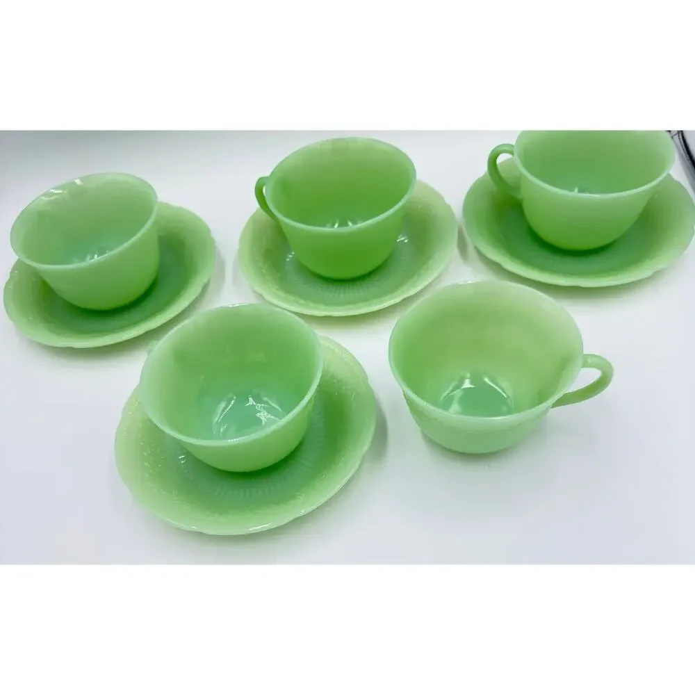 Anchor Hocking Fire King ALICE Jadeite Coffee Tea Cup & Saucer 9pc Lot